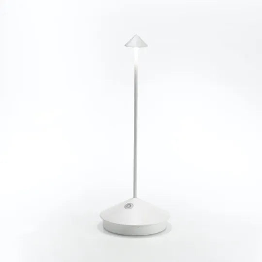 Weiße LED-Tischlampe, modernes Design, energiesparend, ideal für Büro oder Wohnzimmer.